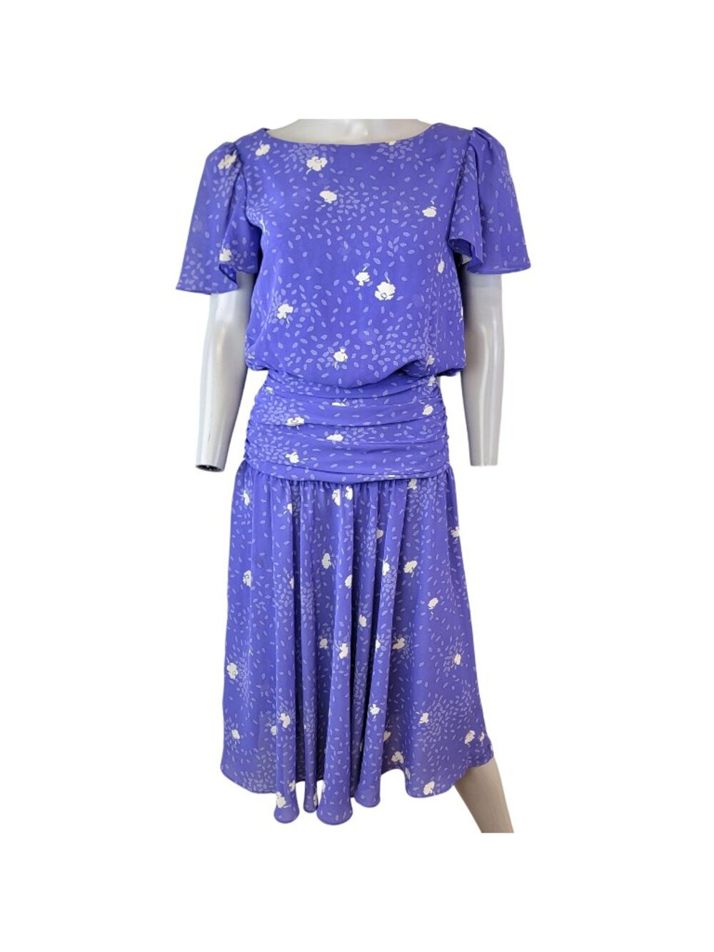 Vintage 80s Midi Dress Women 8 Floral Blue White Blouson Flowy Formal Party Work